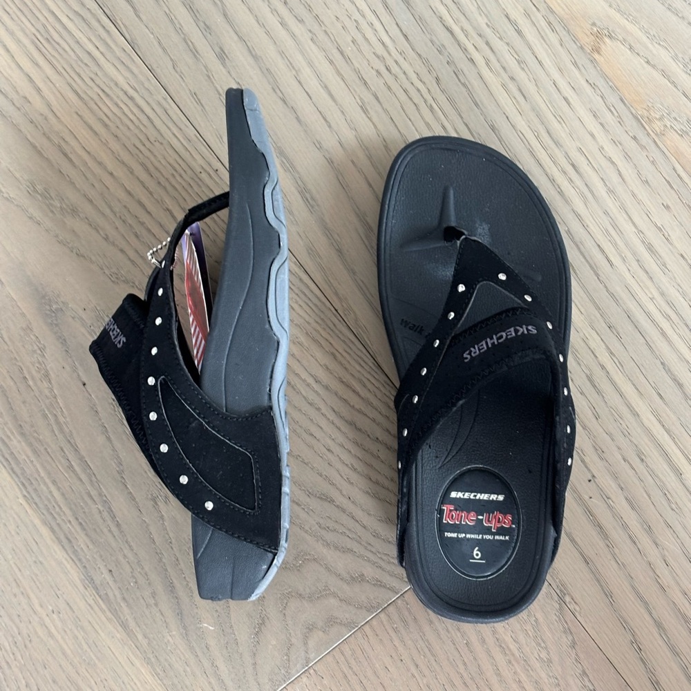 Skechers Black Women's Tone-Up Thong Sandals with Stud Accents